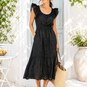 J.Crew Black Eyelet Midi Dress Pom Trim Cotton Boho Romantic Size 10